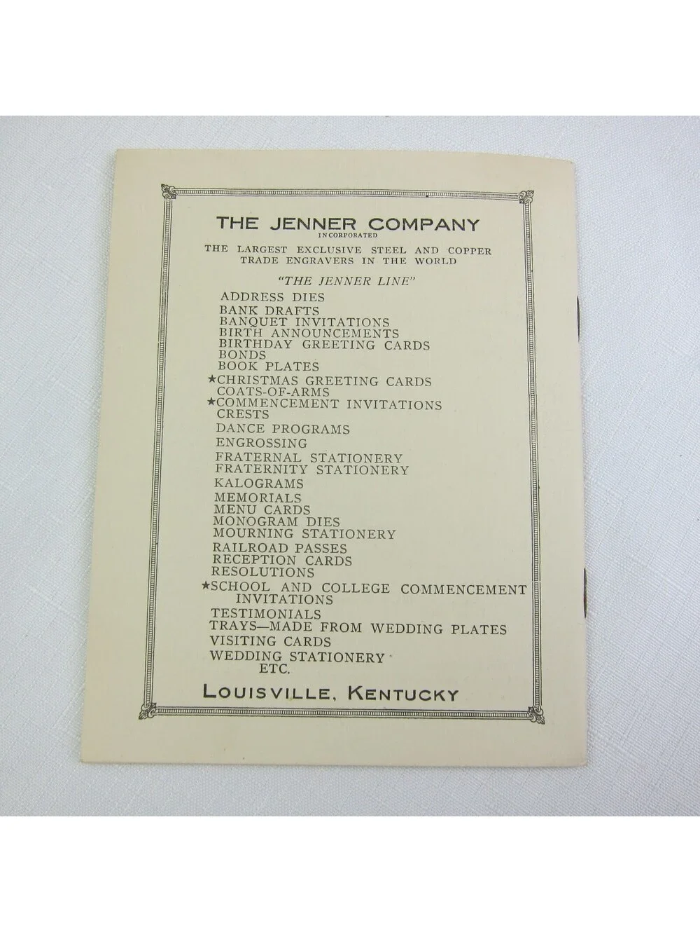 Jenner Co Steel & Copper Engraved Stationery Louisville KY Monthly Letter 1927